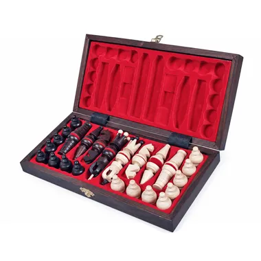 Caja de almacenamiento plegable abierta con piezas colocadas en la espuma roja