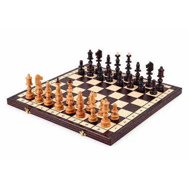Juego de ajedrez gigante de madera plegable, tablero abierto con piezas colocadas