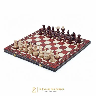 Juego de ajedrez completo de madera con tablero plegable marquetería roja y blanca