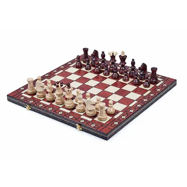 Juego de ajedrez completo de madera con tablero plegable marquetería roja y blanca