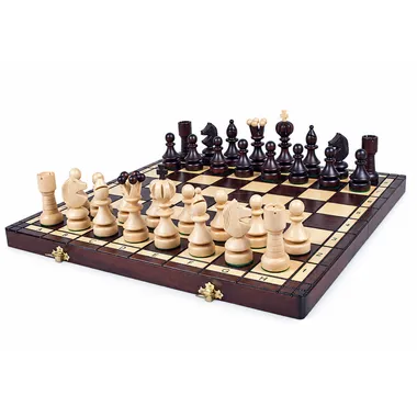 Juego de ajedrez de madera completo sobre tablero plegable con almacenamiento integrado
