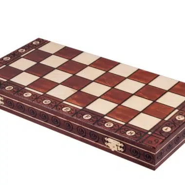 Tablero de ajedrez plegable de madera cerrado en caja, vista completa abierto con casilla marcada