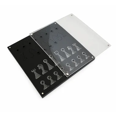 Caja de almacenamiento en plexiglás abierta mostrando los huecos para las piezas
