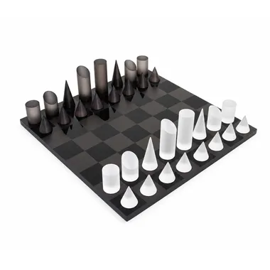 Juego de ajedrez cónico moderno gris y blanco, vista general sobre el tablero