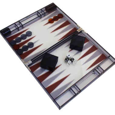 Backgammon Moderno en Plexiglás Gris con Fichas de Damas, Cubilete para Dados y Set de Dados