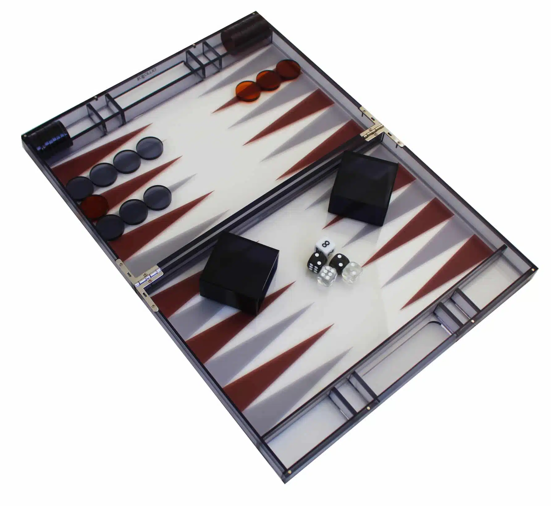 Backgammon Moderno en Plexiglás Gris con Fichas de Damas, Cubilete para Dados y Set de Dados