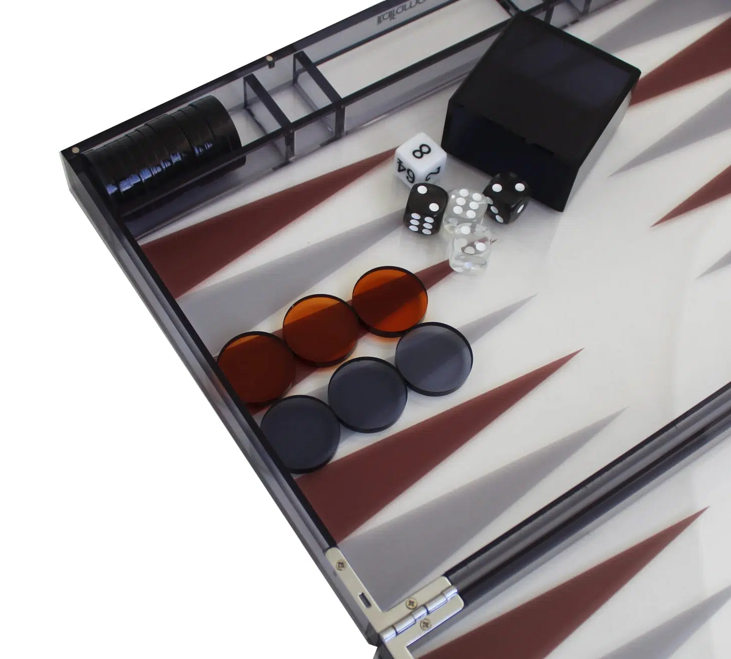 Backgammon Moderno en Plexiglás Gris con Fichas de Damas, Cubilete para Dados y Set de Dados - Imagen 3