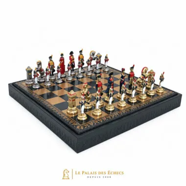 Juego de ajedrez Napoleón completo sobre tablero de símil cuero con caja de almacenamiento