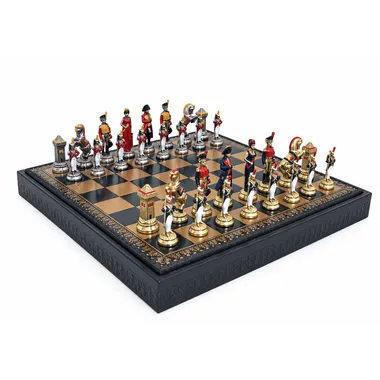 Juego de ajedrez Napoleón completo sobre tablero de símil cuero con caja de almacenamiento