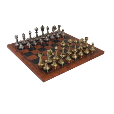 Juego de Ajedrez Staunton en Metal & Tablero de Ajedrez en Piel Sintética Marrón