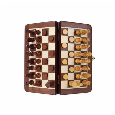 Juego de ajedrez y damas plegable de madera, visto desde arriba, abierto