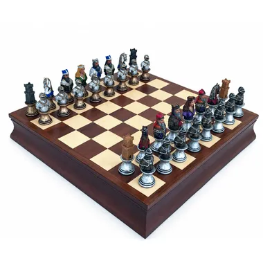 Juego de ajedrez Busto Medieval V, tablero con caja de almacenamiento y piezas pintadas