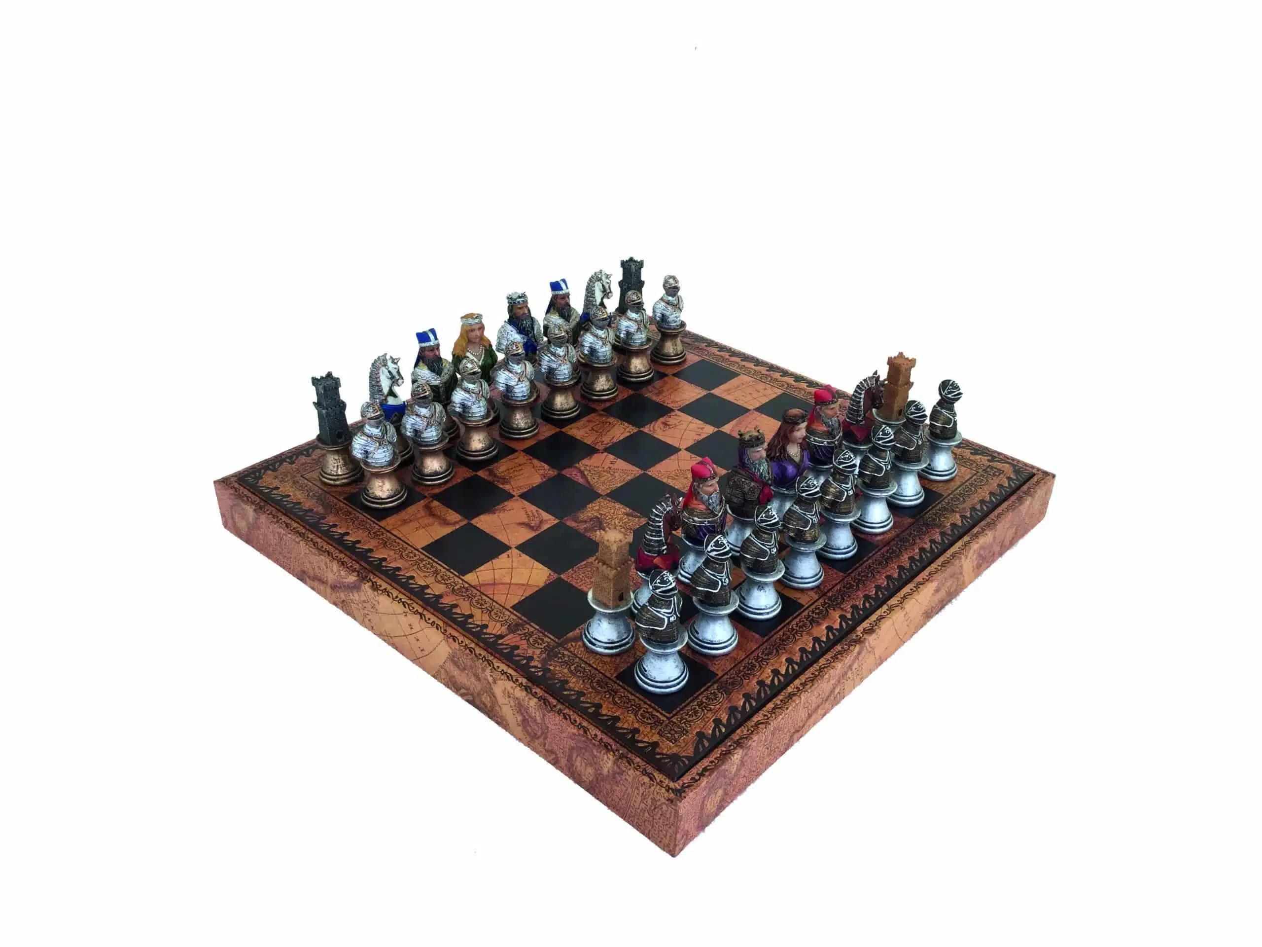 Conjunto Busto Medieval IV Tablero de Ajedrez con Almacenamiento en Similcuero & Juego de Ajedrez en Resina Pintado a Mano