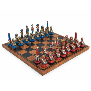 Juego de ajedrez Egipto Antiguo completo sobre tablero de símil cuero, vista general