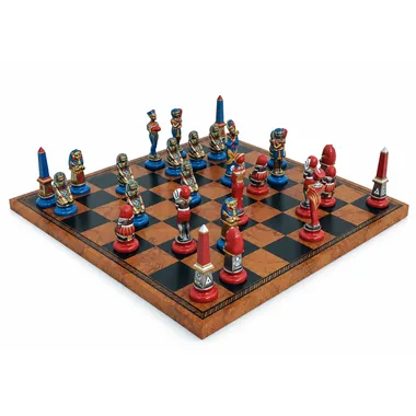 Juego de ajedrez Egipto Antiguo sobre tablero de símil cuero, vista desde el ángulo opuesto