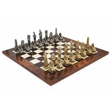 Juego de ajedrez Egipto de metal sobre tablero de madera de brezo y nogal lacado