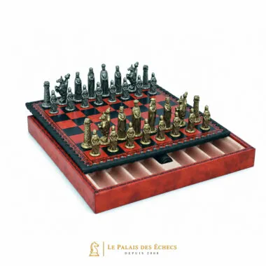 Juego de ajedrez medieval completo con tablero de símil cuero y caja de almacenamiento