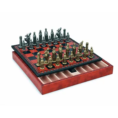 Juego de ajedrez medieval completo con tablero de símil cuero y caja de almacenamiento