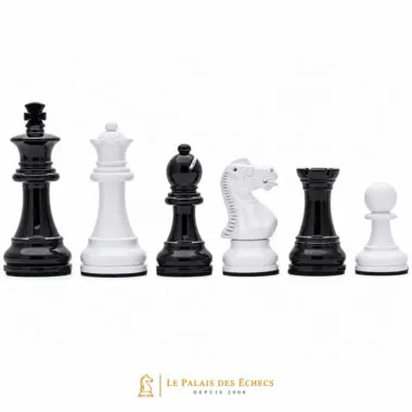 Reyes, damas, alfiles, caballos y torres Staunton negros y blancos alineados
