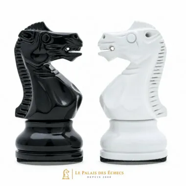 Primer plano de los caballos Staunton negro y blanco uno frente al otro