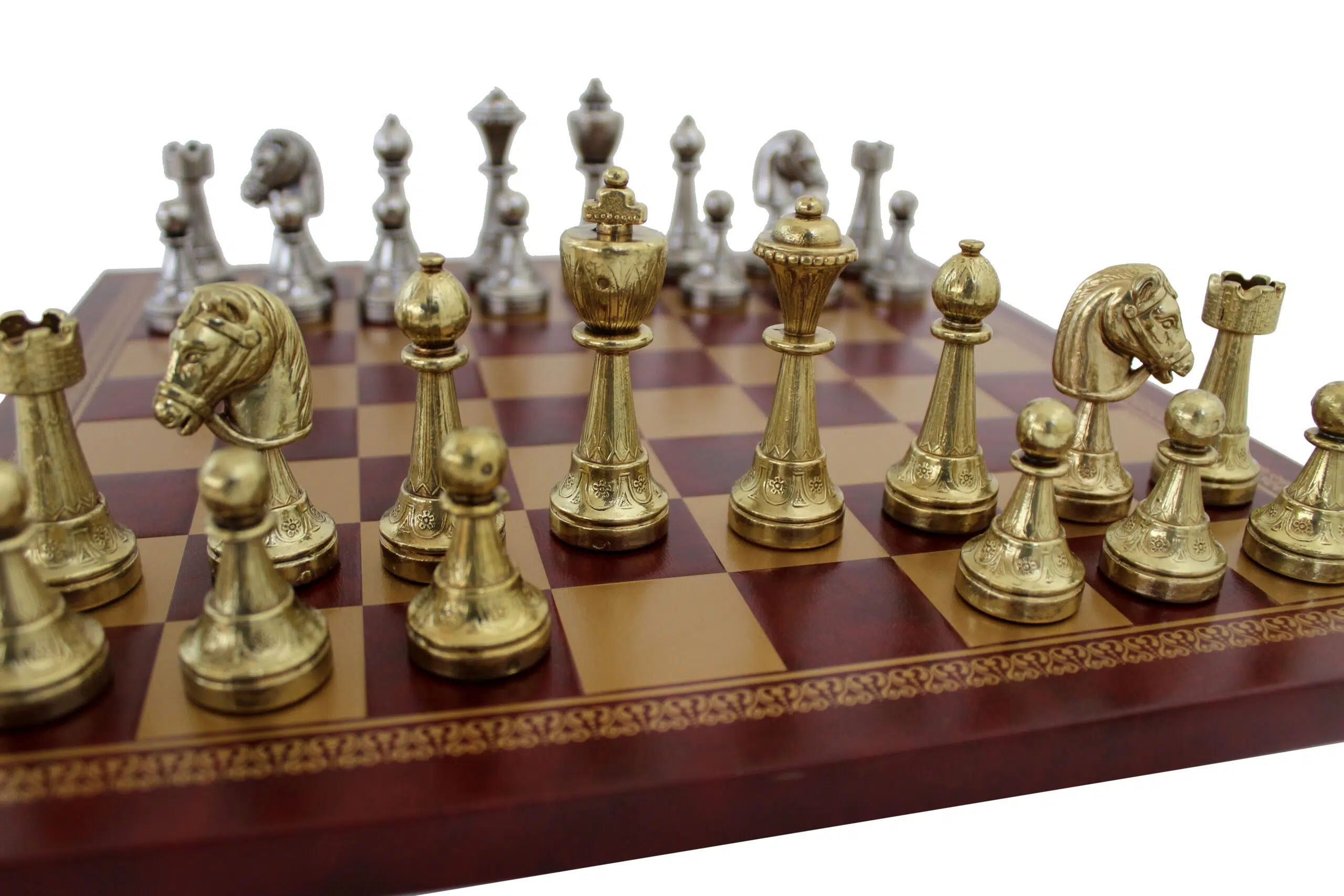 Juego de Ajedrez Staunton en Metal & Tablero de Ajedrez en Piel Sintética Roja / Dorada - Imagen 2
