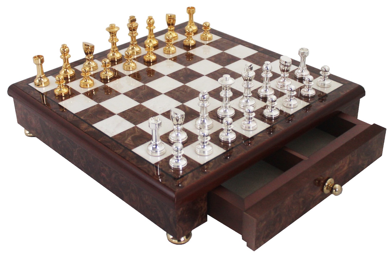 Piezas de Ajedrez Staunton en Latón Baño de Oro y Plata y Tablero de Ajedrez con Pie y Cajón de Almacenamiento de Madera