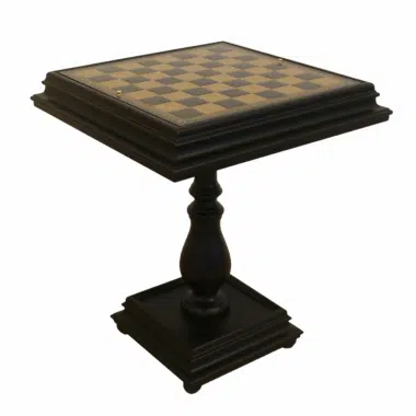 Mesa de ajedrez en madera negra cerrada, vista general con pie torneado