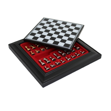 Ensemble Échiquier en Bois et Similicuir avec Compartiments et Jeu d'Échecs Magnétique en Métal