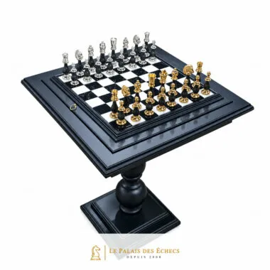 Set de Juego de Ajedrez en Latón Bañado en Oro y Plata y Mesa de Ajedrez en Madera y Mármol