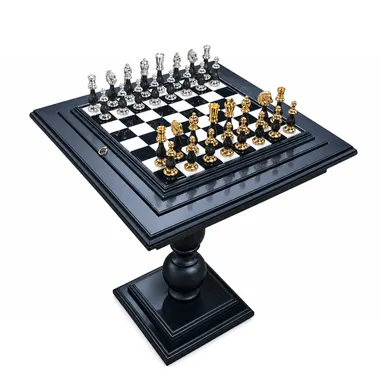 Set de Juego de Ajedrez en Latón Bañado en Oro y Plata y Mesa de Ajedrez en Madera y Mármol