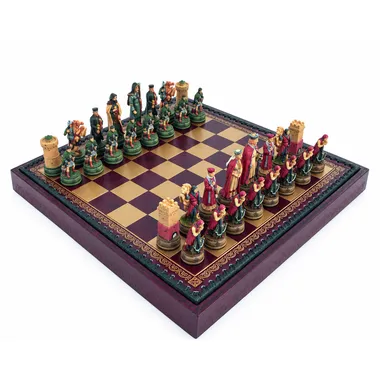 Juego Camelot: tablero de símil cuero rojo y dorado con piezas pintadas a mano