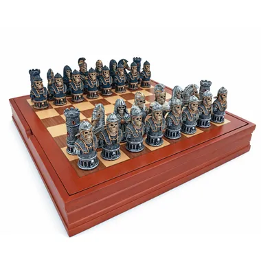 Set de Juego de Ajedrez Busto Esqueleto en Resina y Tablero de Ajedrez con Compartimentos