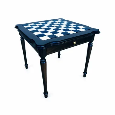 Mesa de Ajedrez en Madera Lacada Negra Tilia con Tablero de Mármol de Carrara y Doble Cajón de Almacenamiento