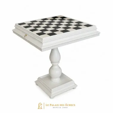Mesa de Ajedrez en Madera Lacada Blanca Tilia con Tablero de Mármol de Carrara y Doble Cajón de Almacenamiento