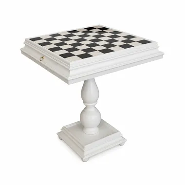 Mesa de Ajedrez en Madera Lacada Blanca Tilia con Tablero de Mármol de Carrara y Doble Cajón de Almacenamiento