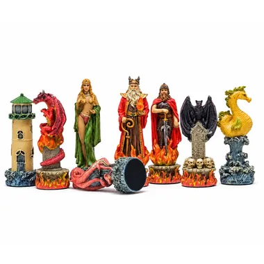 Piezas de ajedrez con tema Agua vs Fuego, dragones y personajes fantásticos