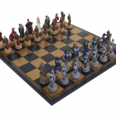 Conjunto de Ajedrez Rey Arturo en Resina y Tablero de Similicuir Azul