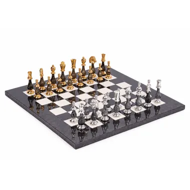 Juego de Ajedrez de Lujo en Latón Macizo Chapado en Oro y Plata y Madera Lacada con Tablero de Ajedrez en Arce Veteado - Rey 10 cm