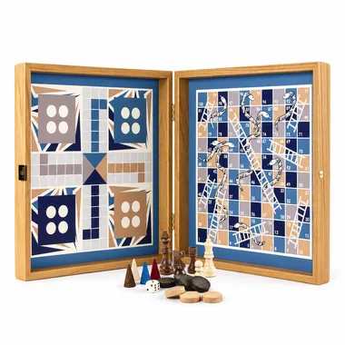 Juego de Mesa 4 en 1 Ajedrez, Backgammon, Ludo y Serpientes - Cofre de Madera Azul Marino
