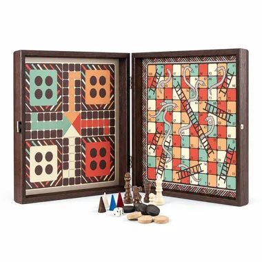 Juego de Mesa 4 en 1 Vintage de Madera - Ajedrez, Backgammon, Ludo, Serpientes y Escaleras