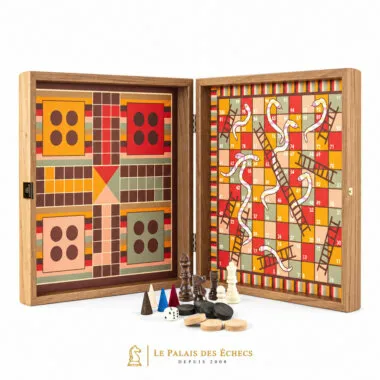 Set Combinado 4 en 1 de Madera Estilo Arcoíris - Ajedrez/Backgammon/Ludo/Serpientes