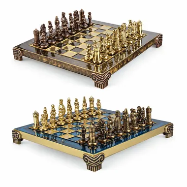 Juego de ajedrez Imperio Bizantino con tableros azul y marrón de metal