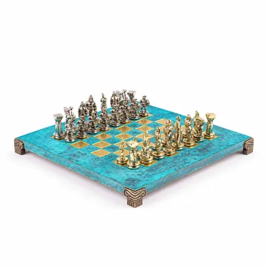 Juego de ajedrez guerrero espartano completo, tablero turquesa de metal con pie