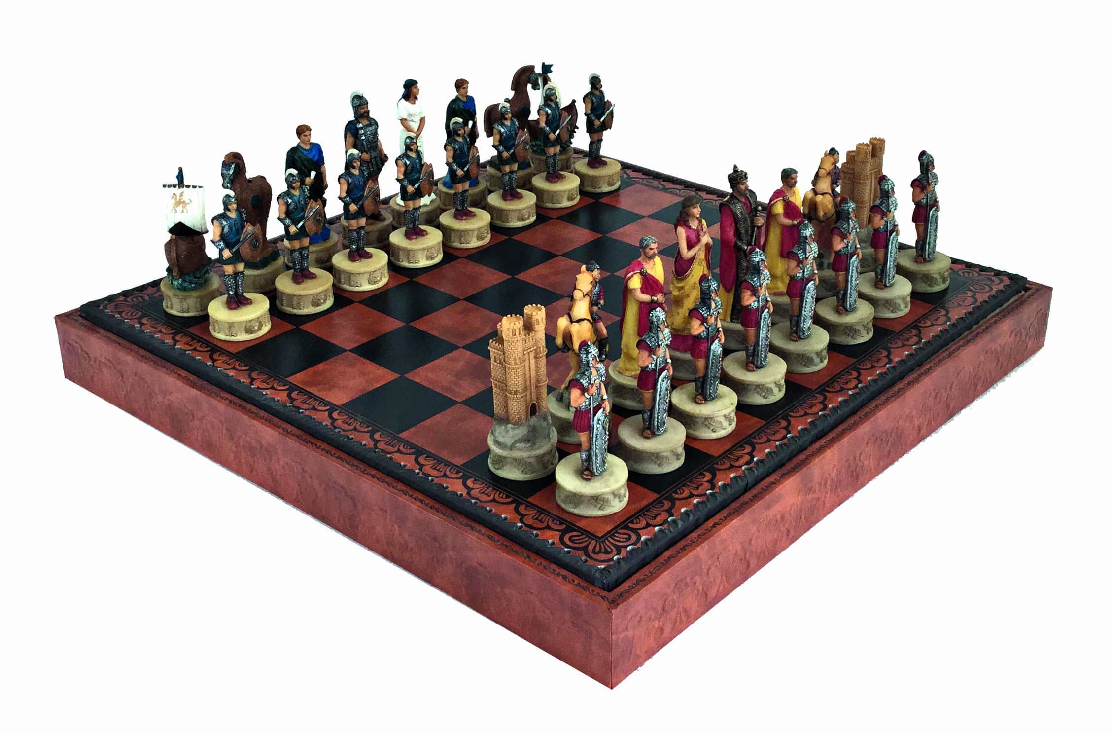 Conjunto de Juego de Ajedrez sobre el Tema de la Guerra de Troya - Piezas Pintadas a Mano y Tablero de Similicuir 48x48cm