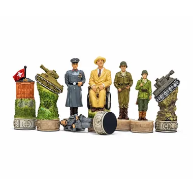 Piezas de ajedrez Segunda Guerra Mundial, figuras aliadas y tanque detallados