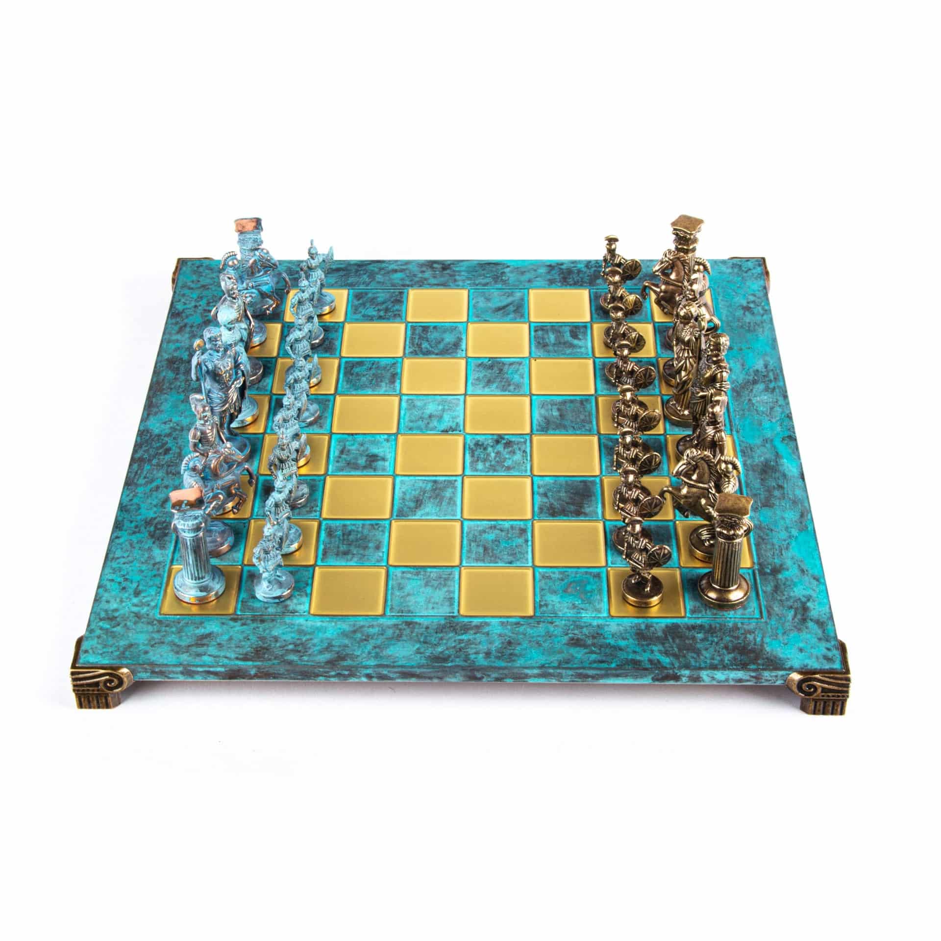Conjunto de Ajedrez Greco-Romano en Metal - Piezas de Bronce y Azules con Tablero de Metal de 44 x 44 cm y Caja de Almacenamiento - Imagen 13