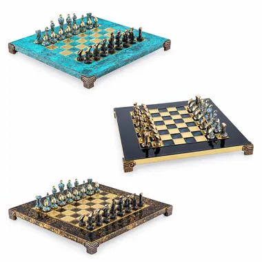 Juego de ajedrez Art Cicládico en latón bronce y azul, tres acabados presentados