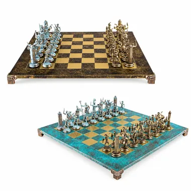 Conjunto de Juego de Ajedrez de la Mitología Griega – Piezas de Metal Azul y Bronce