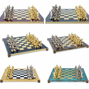 Juego de ajedrez Mitología Griega, piezas oro y plata en variantes de color del tablero