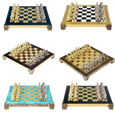 Pequeño Conjunto de Juego de Ajedrez Bizantino Piezas de Metal Oro & Plata con Tablero de Ajedrez de Metal y Caja de Almacenamiento